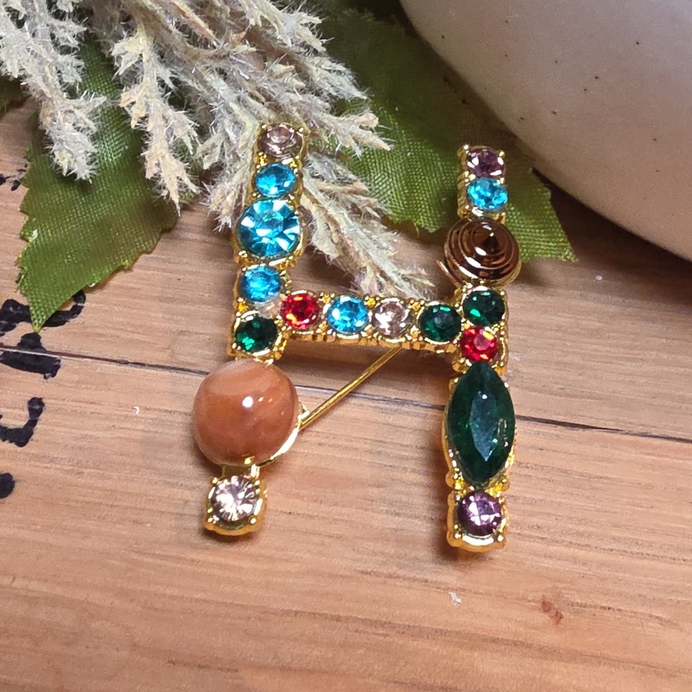 Nwot Letter H Initial Name letter Jeweled Multicolor Brooch Personalized Gift